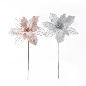 Sparkling artificial Christmas flowers with gold and silver glitter mesh petals on stems