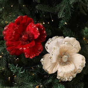 Luxe 15cm velvet Christmas magnolia flowers with glitter sequins for tree decoration