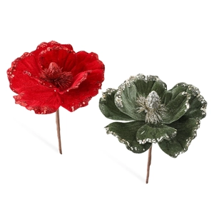 15cm flocked Christmas magnolia flowers with glitter edges for holiday decoration
