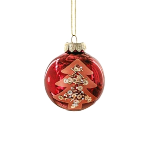 Pallina di Natale rossa lucida da 8cm con decoro ad albero dorato glitterato e gancio