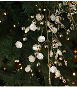 Detail of Christmas tree pick with glitter shells, metallic balls and crystal water drops