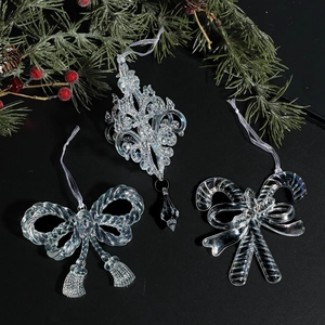 Set of 3 iridescent acrylic Christmas tree ornaments with ribbons and festive pine decor
