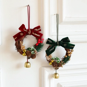 Mini Pendentif Couronne de Noël Avec Nœud en Velours Cloche Pomme de Pin Baies Pour Arbre de Noël Maison Vacances Décoration Porte Rouge Vert