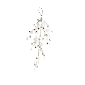 Silver Christmas tree branch decor with sparkling beads and crystal teardrops on white background