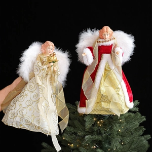 Christmas Angel Tree Topper Elegant Feather Wings Festive Decoration For Holiday Home Party Xmas Ornament Gold White Red