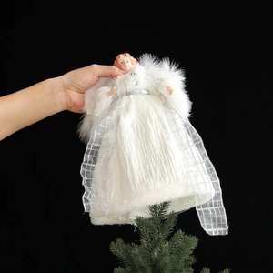Elegant white angel Christmas tree topper with feather wings and silver sequins decor