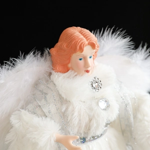 Elegant white Christmas tree topper angel with faux fur and orange hair ornament