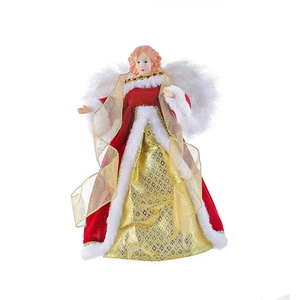 Elegant Christmas tree topper angel in red velvet robe with white feather wings