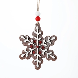 Wooden snowflake Christmas ornament with red beads and natural jute rope for tree decoration
