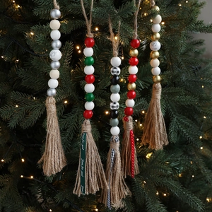 Weihnachts Holzperlen Girlande Mit Hanfseil Quaste Rentier Karo Muster Bemalte Perlen Feiertag Baum Deko