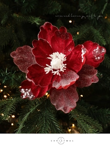 Detail of red velvet Christmas flower with pearl beads and snow glitter on tree branch