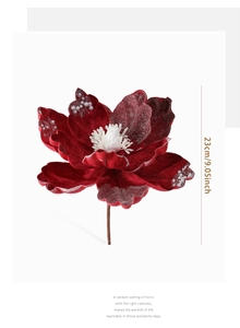 Detail of a 23cm dark red velvet Magnolia flower with silver glitter and pearl accents