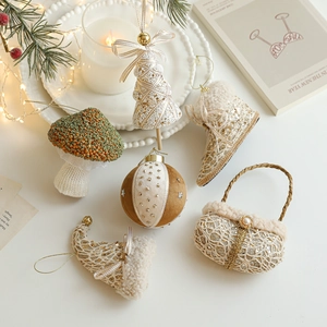Champagne Schuim Kerstboom Hangende Ornamenten Vintage Kant Pailletten Kralen Paddenstoel Laars Hoed Handschoen Mand Decoratieve Hangers
