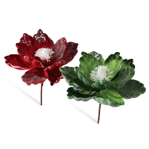 Red and green 15cm velvet Christmas magnolia flowers with glitter and white pearls