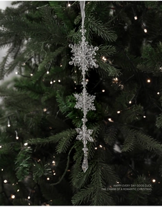 Detailansicht der klaren Acryl-Schneeflocken-Anhänger an einem grünen Weihnachtsbaum