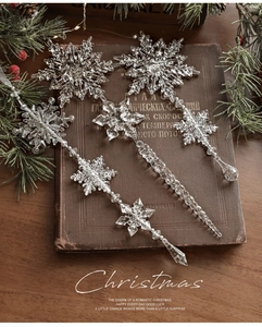 Detailansicht klarer Acryl-Schneeflocken mit Eistextur als Weihnachtsbaumschmuck