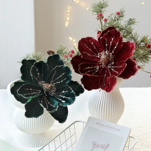 Christmas Artificial Magnolia Flowers Velvet Flocked Glitter Floral Decor For Holiday Party Home Vase Arrangement