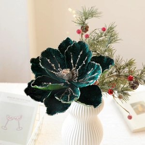Luxurious dark green velvet magnolia flower with gold glitter for Christmas decor