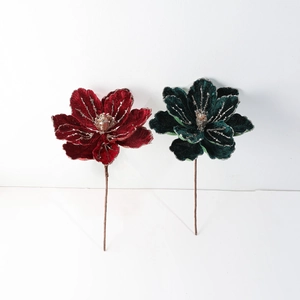 Velvet artificial magnolia flowers with silver glitter edges and beaded centers for Christmas