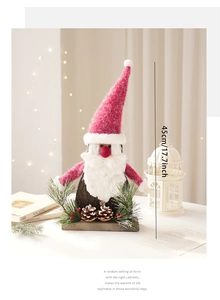 Detailed view of 45cm Christmas gnome with red felt hat, pine cones, and berries on wooden base