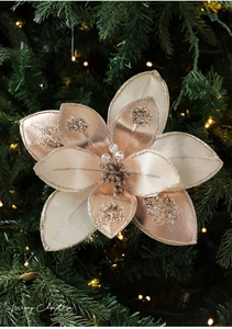 Champagne gold fabric Christmas flower decoration with glitter edges and beads detail