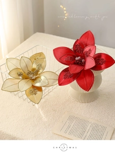 Detailed close-up of 15cm fabric Christmas flowers with glitter petals and bead centers