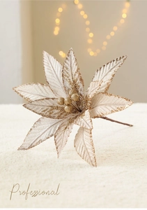 Close-up of a 20cm champagne gold sequin poinsettia with glitter mesh petals for Christmas