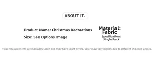 Detailed specifications chart for Christmas fabric flower ornaments with gold edges