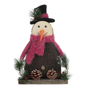 Rustic wood bark snowman figurine with red knit scarf and pine cones for Xmas decor
