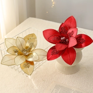 15cm glitter Christmas flowers in red and gold for festive tree and wreath decoration