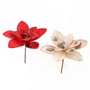 Sparkling 15cm fabric Christmas flowers in red and champagne with glitter and beads