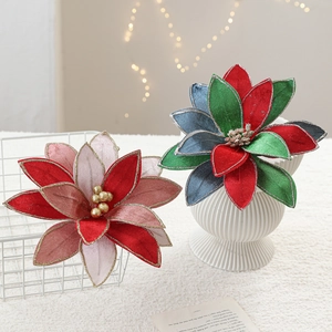 Artificial Christmas Poinsettia Flowers Glitter Edge Elegant Fabric Fake Flower Ornaments For Holiday Home Tree Party Decor