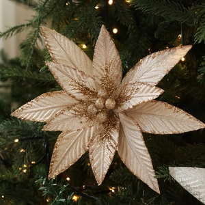 20cm champagne gold sequin artificial Christmas poinsettia flower on tree branch