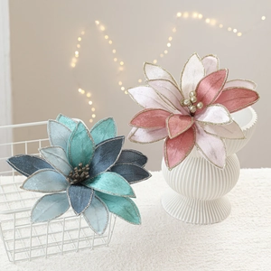 Elegant velvet Christmas flowers in teal and pink with gold glitter edges for decor