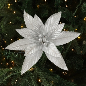 Silver glitter 20cm artificial poinsettia flower for Christmas tree decor and wreaths