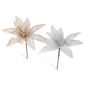 Sparkly champagne gold and silver artificial Christmas poinsettia flowers on white background