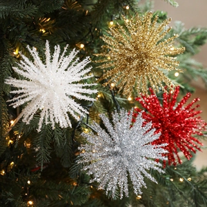 Sparkling starburst Christmas tree picks in gold silver red and white colors
