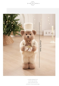 Detailed view of 41cm plush Christmas bear in white outfit holding a decorative drum