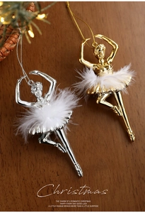Ballerina Christmas tree ornaments with white feather tutus in gold and silver finish