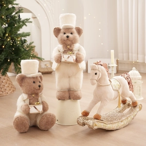 Christmas Teddy Bear Rocking Horse Figurines Plush Sequin Fabric Desktop Ornaments Holiday Party Home Decor