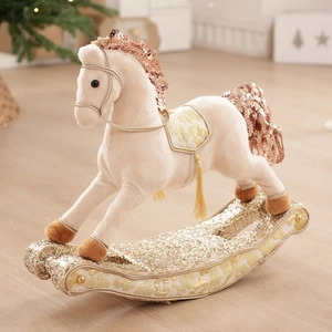 Plush Christmas rocking horse decoration with rose gold sequins and golden glitter base