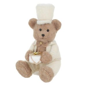 Plush Christmas teddy bear in white uniform with gold trim playing a decorative small drum