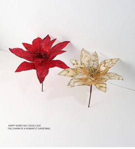 Detailed close-up of 28cm Christmas artificial mesh flowers with glitter in red and champagne