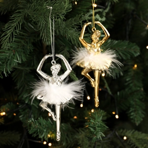 Ballerina Girl Christmas Tree Hanging Ornament Electroplated Plastic Pendant With White Feather Skirt Festive Xmas Decor