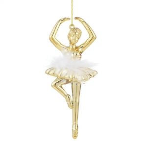 Golden ballerina ornament with white feather tutu for Christmas tree decoration