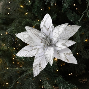 Glittery silver mesh poinsettia flower ornament for Christmas tree decoration, 28cm size