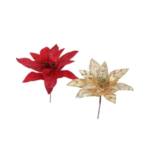28cm artificial Christmas poinsettia flowers with gold and red glitter mesh petals