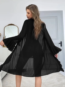 Detailed view of sheer black chiffon robe with elegant ruffle bell sleeves and soft drape