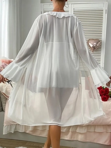 Detailed back view of white sheer lace sleepwear robe with elegant ruffle cuffs