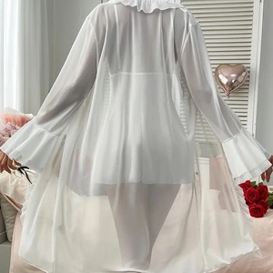 Elegant white sheer tulle nightgown set with ruffled trim and open back design